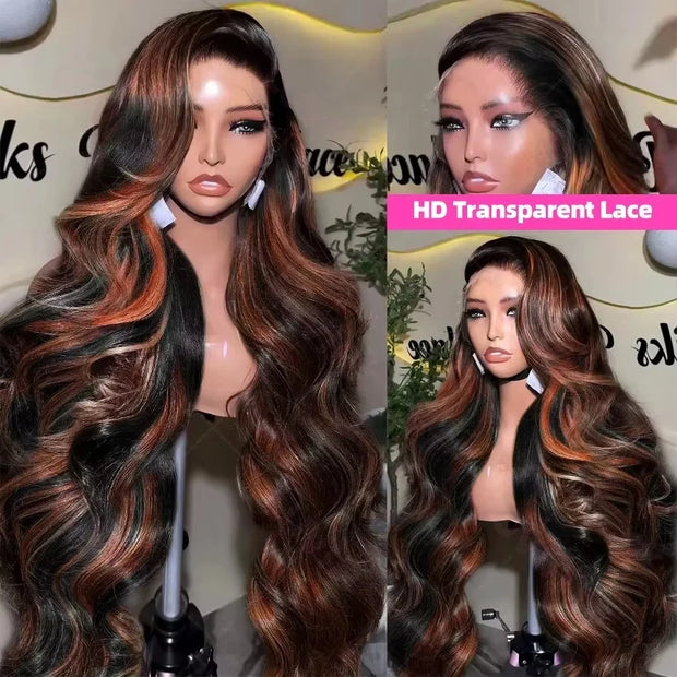 Ombre Highlight Body Wave 13x4 HD Lace Front Human Hair Wig Curly 1B/30 Black Brown Colored 13x6 Lace Frontal Wigs For Women