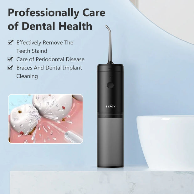 Sejoy Portable Oral Irrigator Dental Water Flosser USB Rechargeable Water Jet Floss Tooth Pick 4 Jet Tip 140ml 3 Modes IPX7 Gift