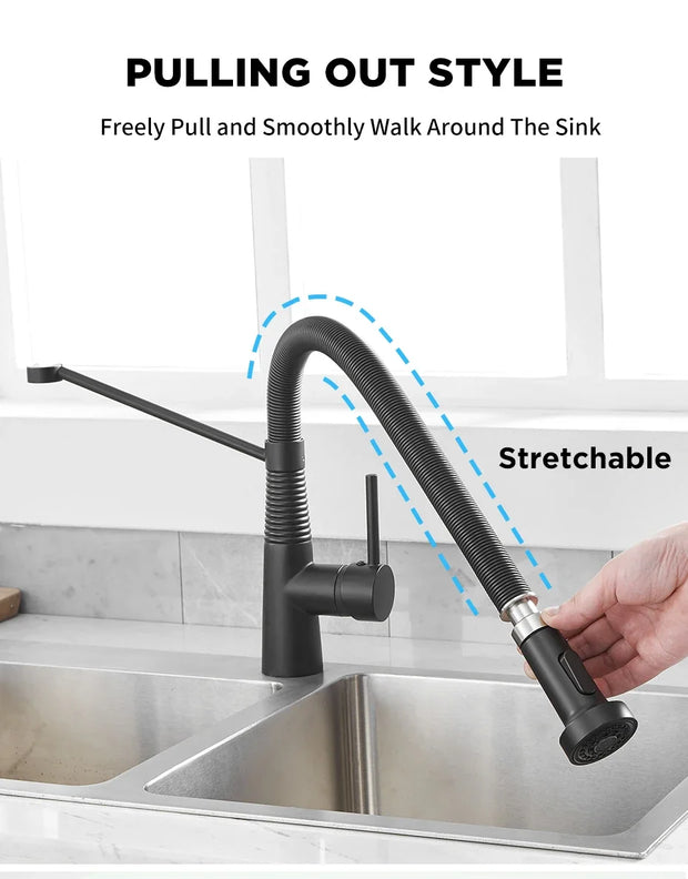 Kitchen Faucets Brush Brass Faucets for Kitchen Sink  Single Lever Pull Down Spring Spout Mixers Tap Hot Cold Water Crane 9009