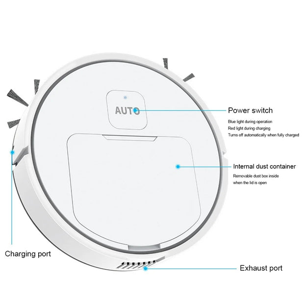 3-in-1 Robot Vacuum Cleaner USB Rechargeable 1000Pa Suction Automatic Cleaning Sweeping Machine for Pet Hair Carpets and Floors