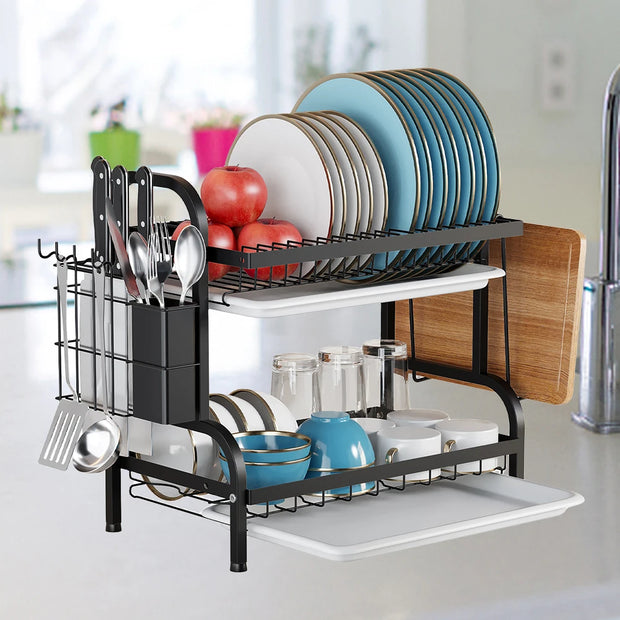 Kitchen Dish Bowl Drainer Storage Rack 1/2 Tiers Dish Chopsticks Knife Fork Water Cup Storage Rack Kitchen Counter Organizer