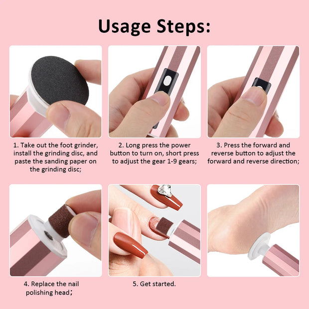 USB Rechargeable Electric Foot Care Callus Remover Nail Grinder Professional Foot Care File with replacement sandpaper tray