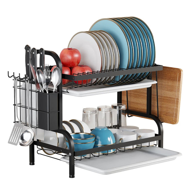 Kitchen Dish Bowl Drainer Storage Rack 1/2 Tiers Dish Chopsticks Knife Fork Water Cup Storage Rack Kitchen Counter Organizer