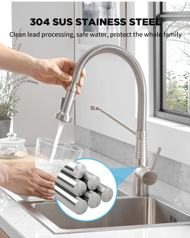 Kitchen Faucets Brush Brass Faucets for Kitchen Sink  Single Lever Pull Down Spring Spout Mixers Tap Hot Cold Water Crane 9009