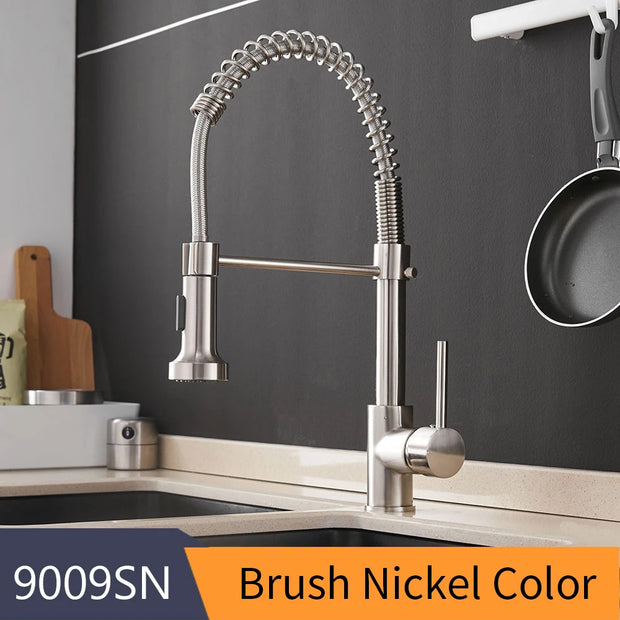 Kitchen Faucets Brush Brass Faucets for Kitchen Sink  Single Lever Pull Down Spring Spout Mixers Tap Hot Cold Water Crane 9009