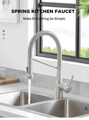 Kitchen Faucets Brush Brass Faucets for Kitchen Sink  Single Lever Pull Down Spring Spout Mixers Tap Hot Cold Water Crane 9009