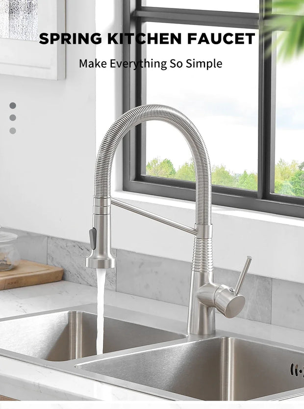 Kitchen Faucets Brush Brass Faucets for Kitchen Sink  Single Lever Pull Down Spring Spout Mixers Tap Hot Cold Water Crane 9009