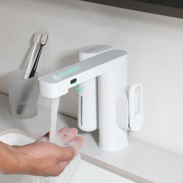 SINLAKU Bathroom Basin Sensor Faucet With Foam Soap Dispenser Deck Mounted Single Hole Stream Outlet Touch Free Mixer Taps