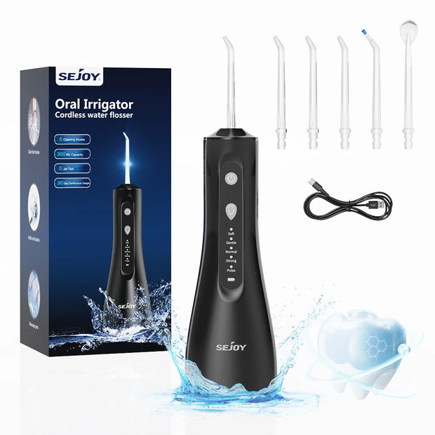 SEJOY Electric Dental Oral Irrigator Water Flosser Thread Teeth Pick Mouth Washing Machine 5 Nozzles 5 Modes USB Rechargeable