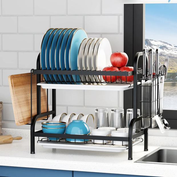 Kitchen Dish Bowl Drainer Storage Rack 1/2 Tiers Dish Chopsticks Knife Fork Water Cup Storage Rack Kitchen Counter Organizer
