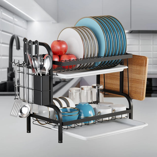 Kitchen Dish Bowl Drainer Storage Rack 1/2 Tiers Dish Chopsticks Knife Fork Water Cup Storage Rack Kitchen Counter Organizer