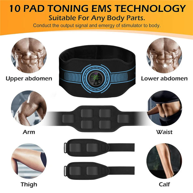 Electronic Muscle Toner USB Rechargeable Abdominal Toning Belts Adjustable Ab Workout Equipment LED Display for Fitness Exercise