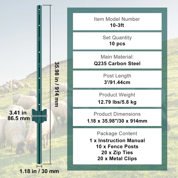 SucceBuy Fence Post T-Post Heavy Duty Metal Fence Post Sturdy Steel Fence Stakes for Garden Yard Lawn Farms Outdoor Wire Fencing