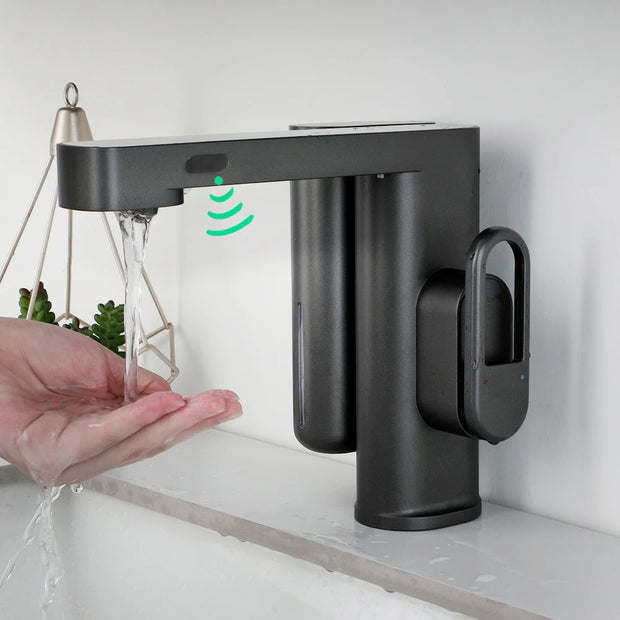 SINLAKU Bathroom Basin Sensor Faucet With Foam Soap Dispenser Deck Mounted Single Hole Stream Outlet Touch Free Mixer Taps
