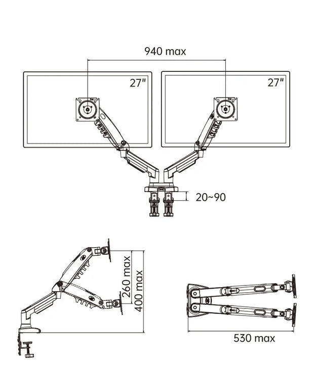 Desktop NB F160 + FP-2 Gas Spring Dual Arm for 17"-27" Monitor Holder + 10"-17" Laptop Support Air Press Mount Stand Load 2-9kg