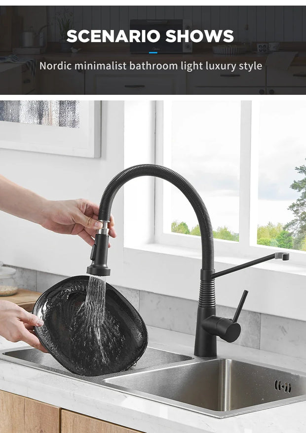 Kitchen Faucets Brush Brass Faucets for Kitchen Sink  Single Lever Pull Down Spring Spout Mixers Tap Hot Cold Water Crane 9009