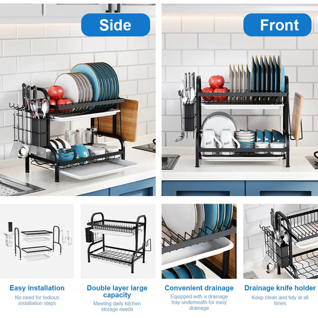 Kitchen Dish Bowl Drainer Storage Rack 1/2 Tiers Dish Chopsticks Knife Fork Water Cup Storage Rack Kitchen Counter Organizer