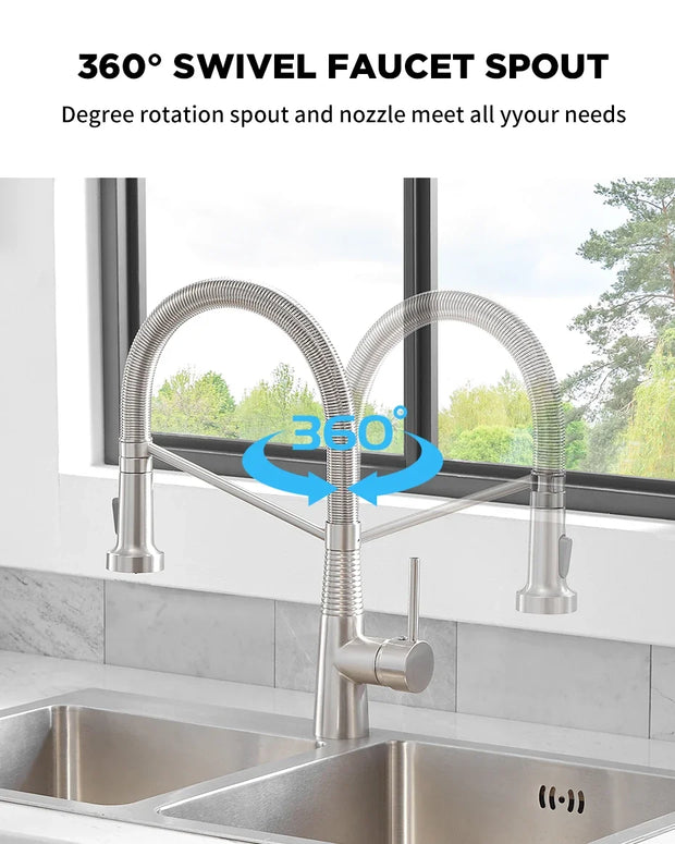 Kitchen Faucets Brush Brass Faucets for Kitchen Sink  Single Lever Pull Down Spring Spout Mixers Tap Hot Cold Water Crane 9009