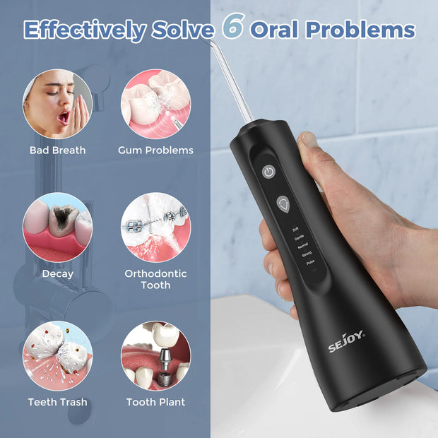 SEJOY Electric Dental Oral Irrigator Water Flosser Thread Teeth Pick Mouth Washing Machine 5 Nozzles 5 Modes USB Rechargeable