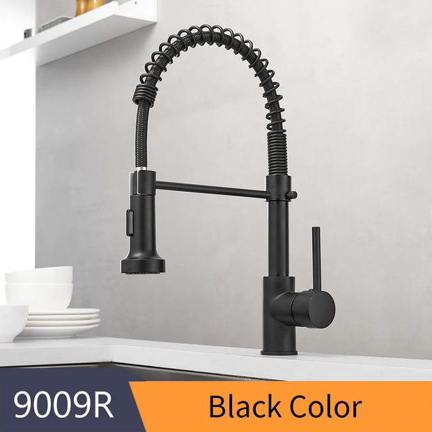 Kitchen Faucets Brush Brass Faucets for Kitchen Sink  Single Lever Pull Down Spring Spout Mixers Tap Hot Cold Water Crane 9009