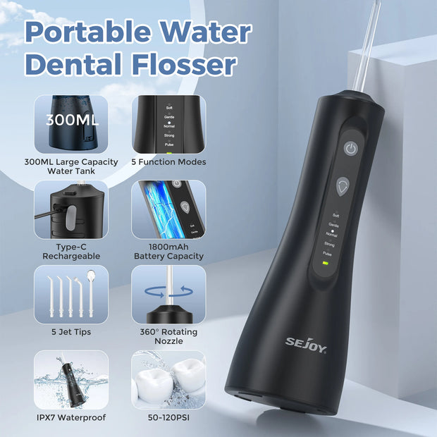 SEJOY Electric Dental Oral Irrigator Water Flosser Thread Teeth Pick Mouth Washing Machine 5 Nozzles 5 Modes USB Rechargeable