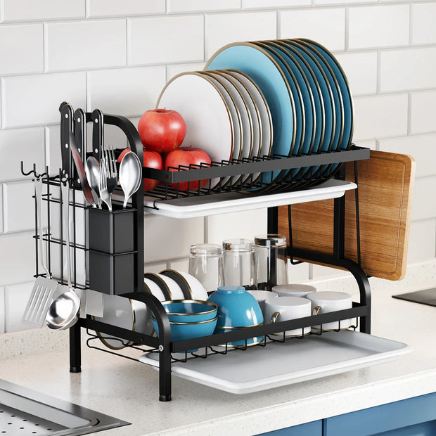 Kitchen Dish Bowl Drainer Storage Rack 1/2 Tiers Dish Chopsticks Knife Fork Water Cup Storage Rack Kitchen Counter Organizer