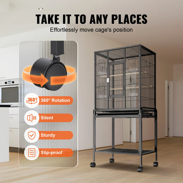 VEVOR 52/54 inch Standing Large Flight Bird Cage Carbon Steel Parakeets Cages with Rolling Stand and Tray for Cockatiels Parrots