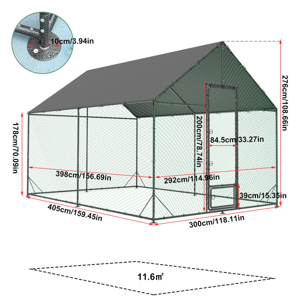 Large Outdoor Upgrade Metal Chicken Coop Walk-in Poultry Run Pen Cage Pet Duck Hen House with Nylon Netting and Cover for Yards